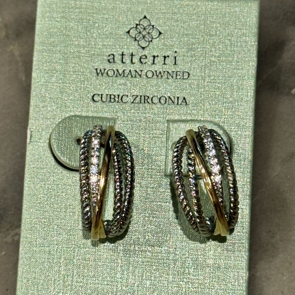 Atterri Gold Silver and Cubic Zirconia Hoop Earrings NWT!